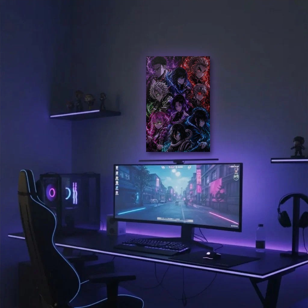 Anime Art acrylic wall art in a purple gaming setup