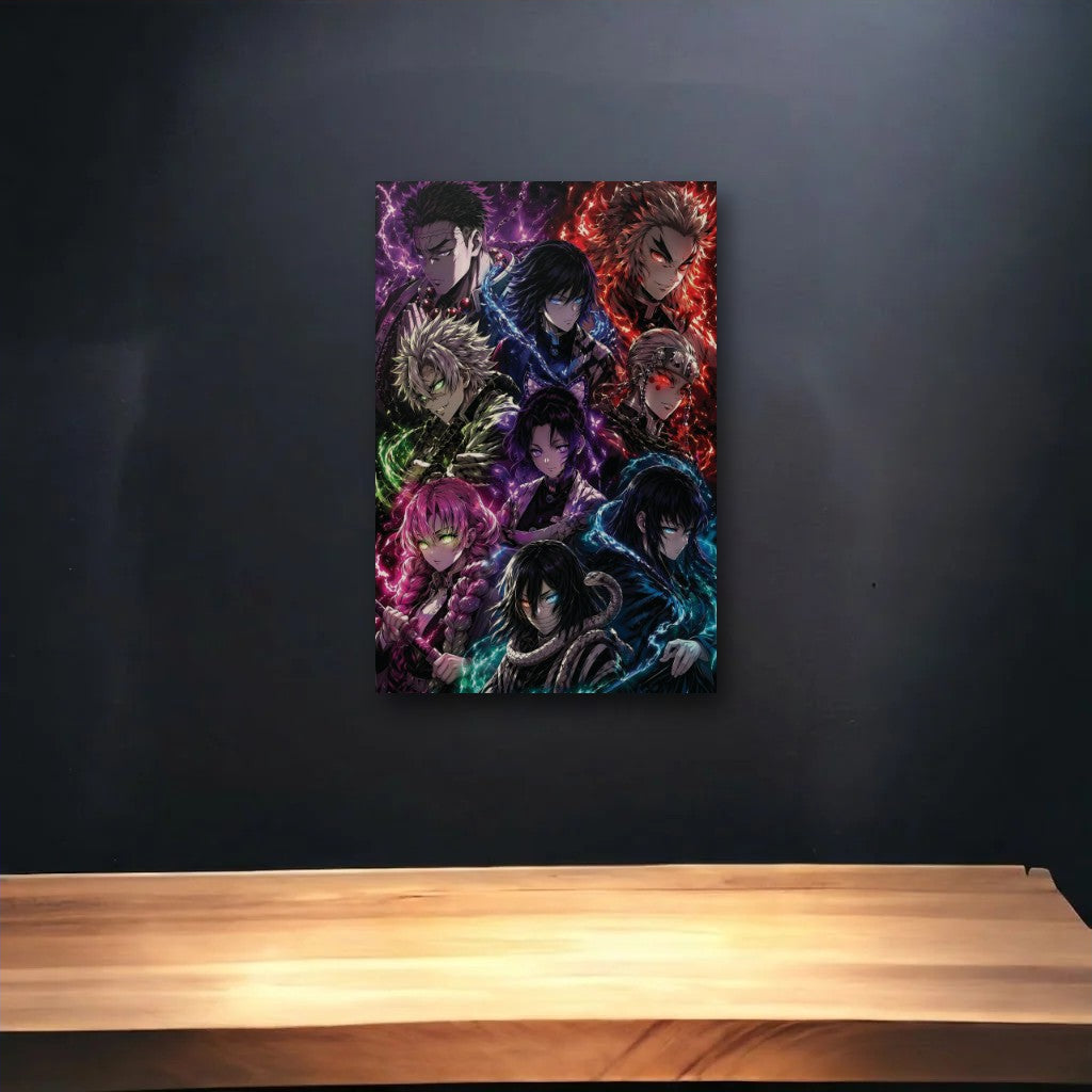 Anime Art glossy acrylic art above a wooden shelf