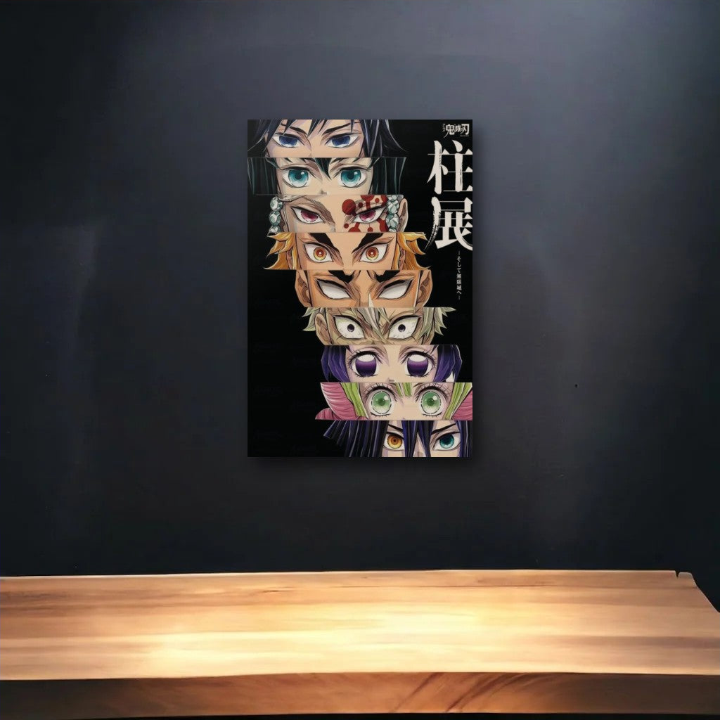 Anime Art glossy acrylic art above a wooden shelf