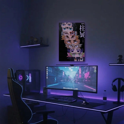 Anime Art acrylic wall art in a purple gaming setup