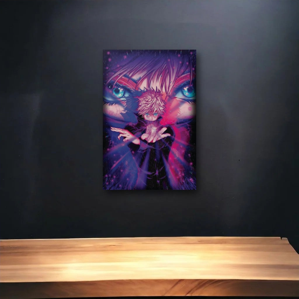 Anime Art glossy acrylic art above a wooden shelf