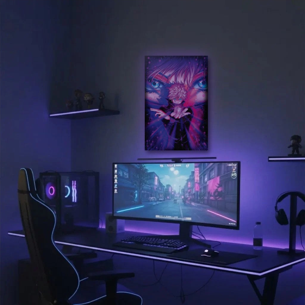 Anime Art acrylic wall art in a purple gaming setup