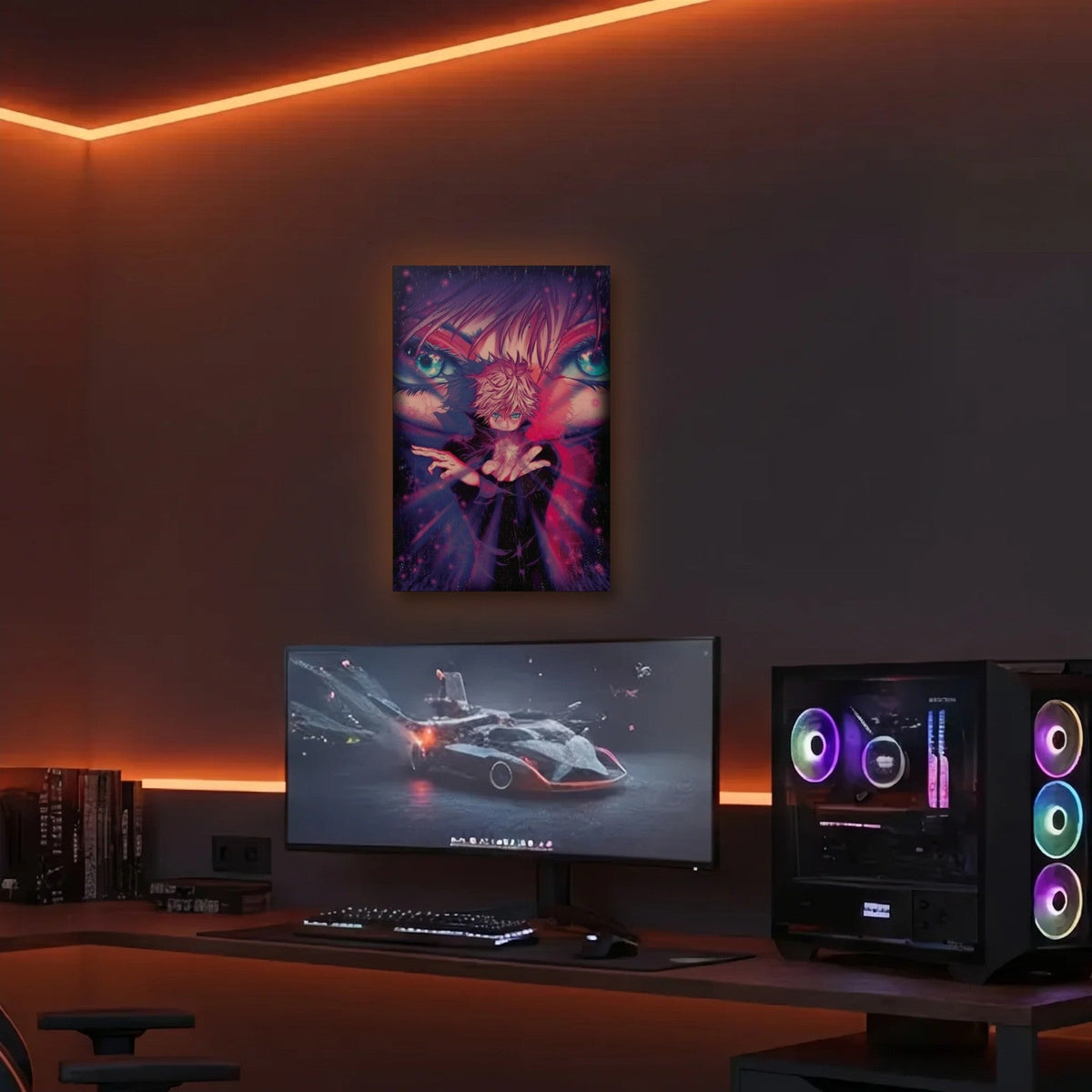 Anime Art acrylic wall art in an orange LED gaming room