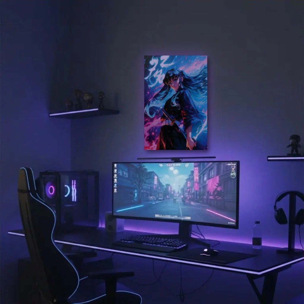 Anime Art acrylic wall art in a purple gaming setup