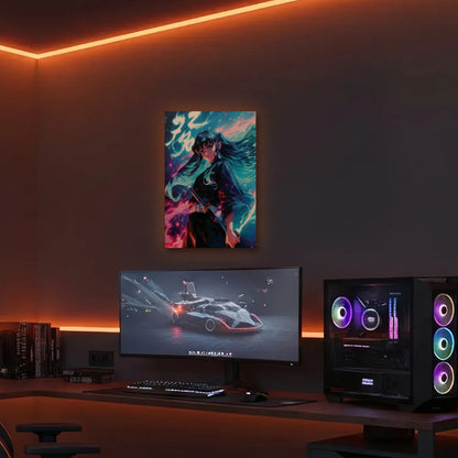 Anime Art acrylic wall art in an orange LED gaming room