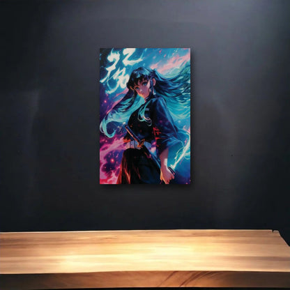 Anime Art glossy acrylic art above a wooden shelf