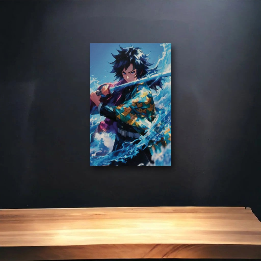 Anime Art glossy acrylic art above a wooden shelf