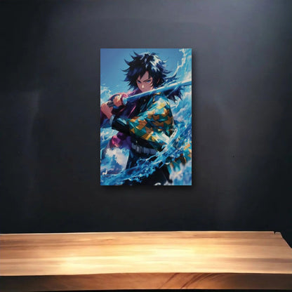 Anime Art glossy acrylic art above a wooden shelf