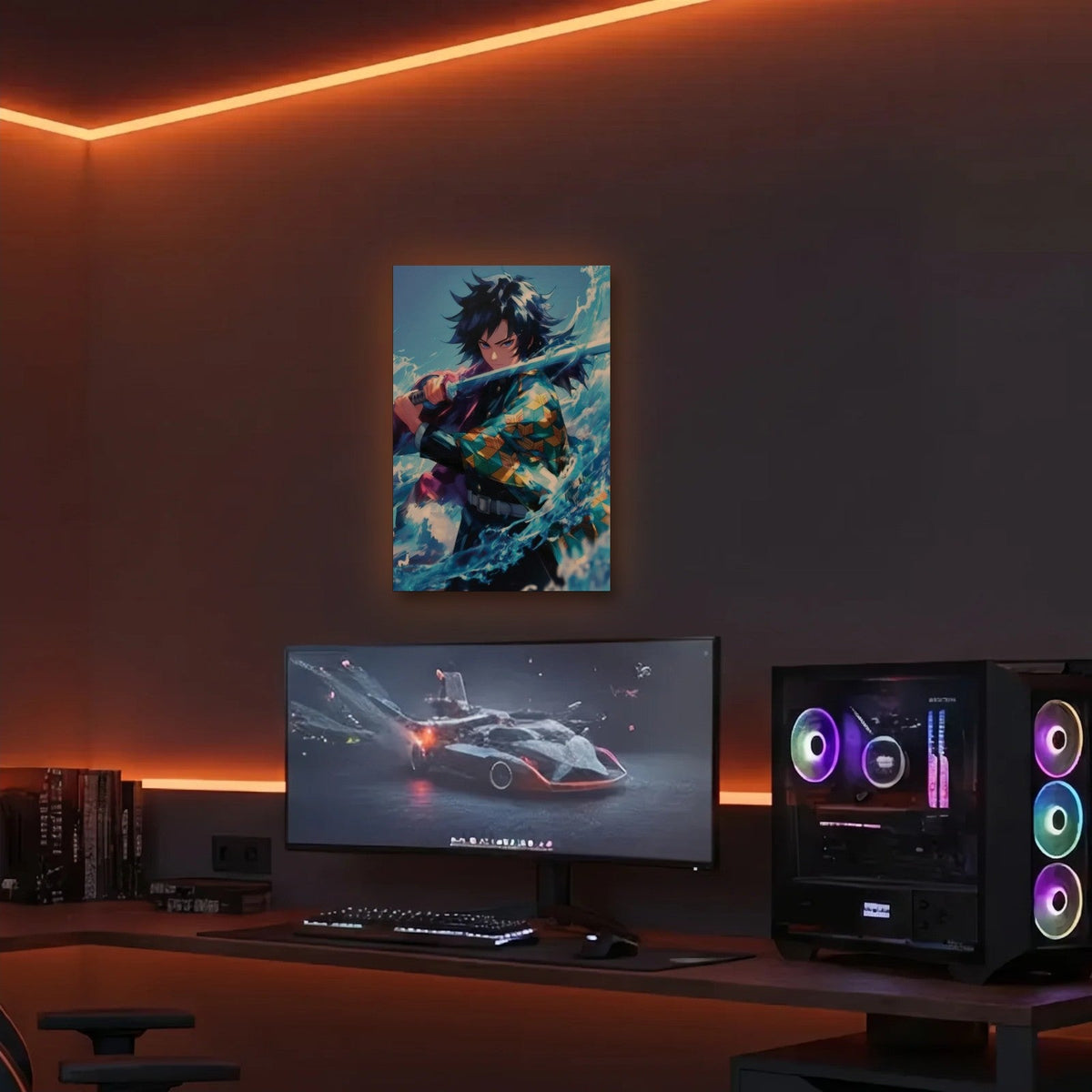 Anime Art acrylic wall art in an orange LED gaming room