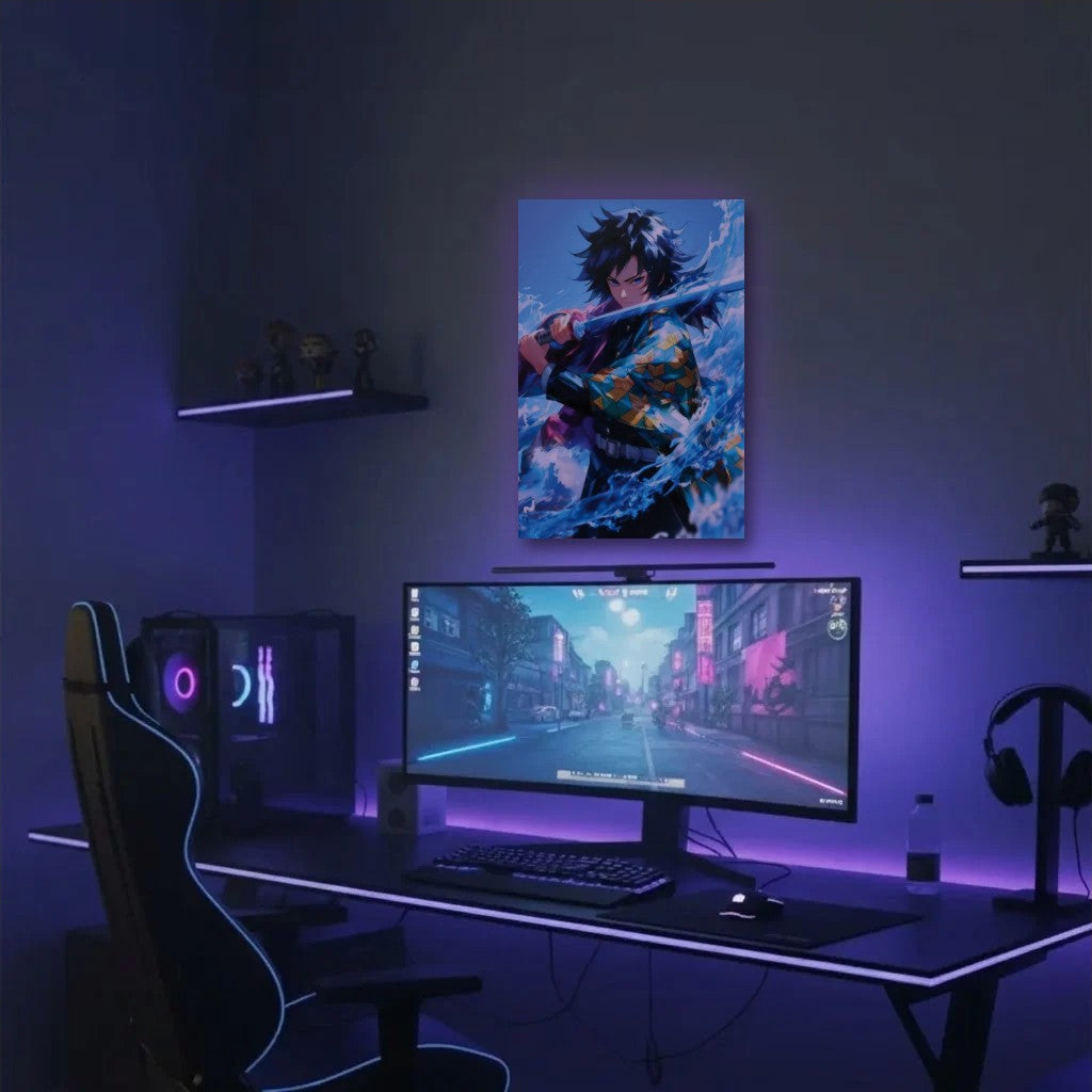 Anime Art acrylic wall art in a purple gaming setup