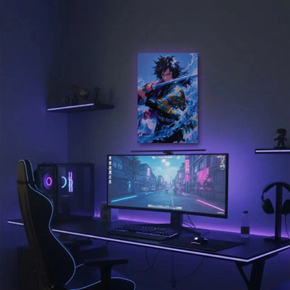 Anime Art acrylic wall art in a purple gaming setup