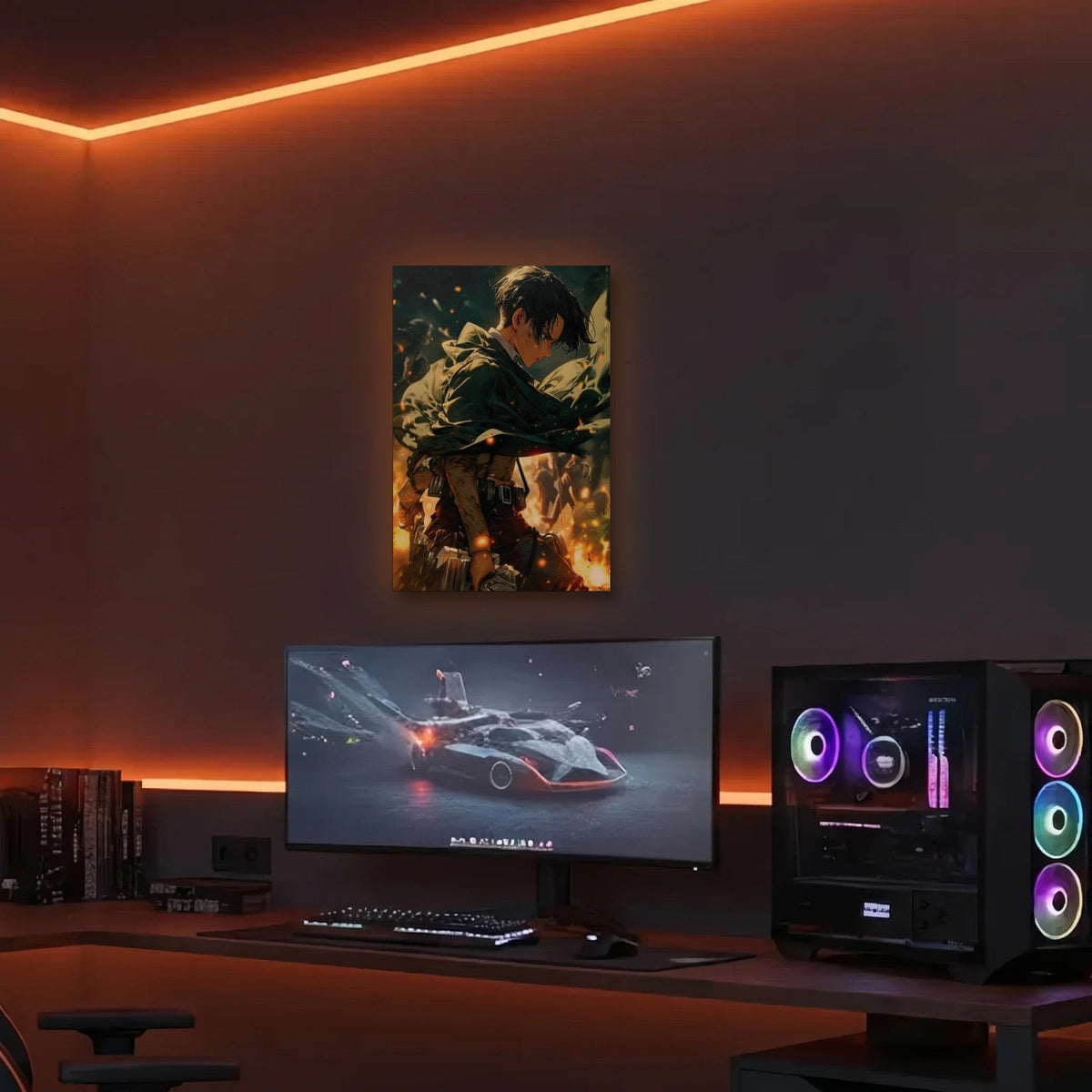 Anime Art acrylic wall art in an orange LED gaming room