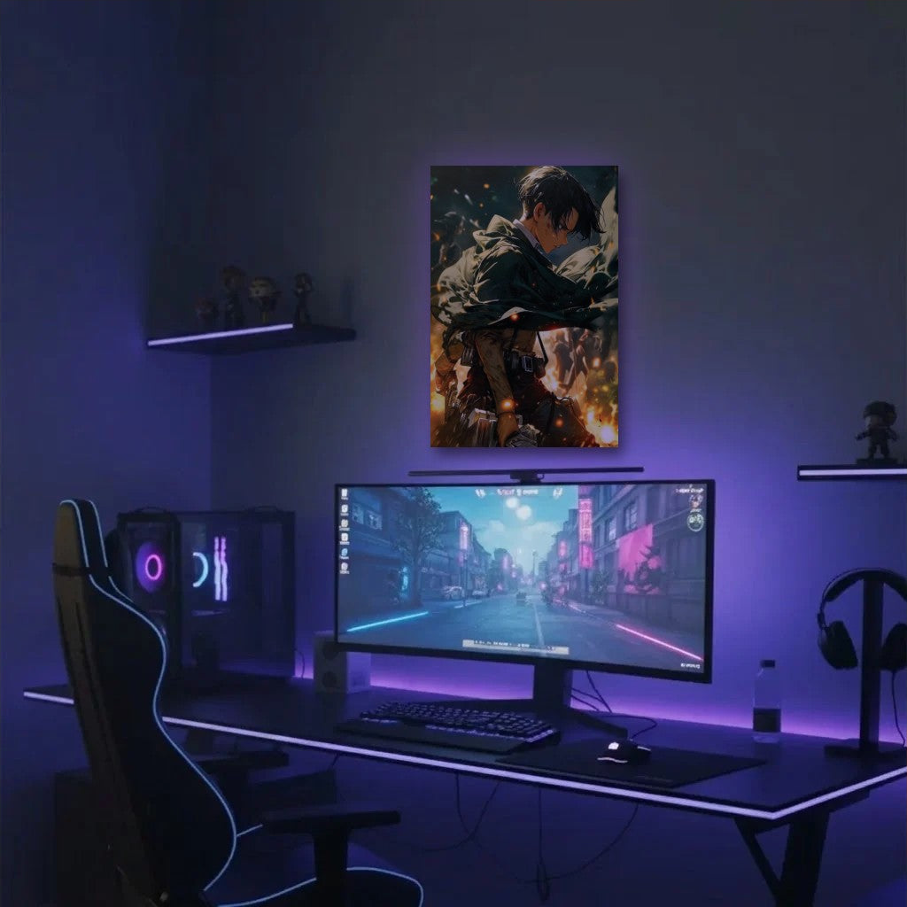 Anime Art acrylic wall art in a purple gaming setup