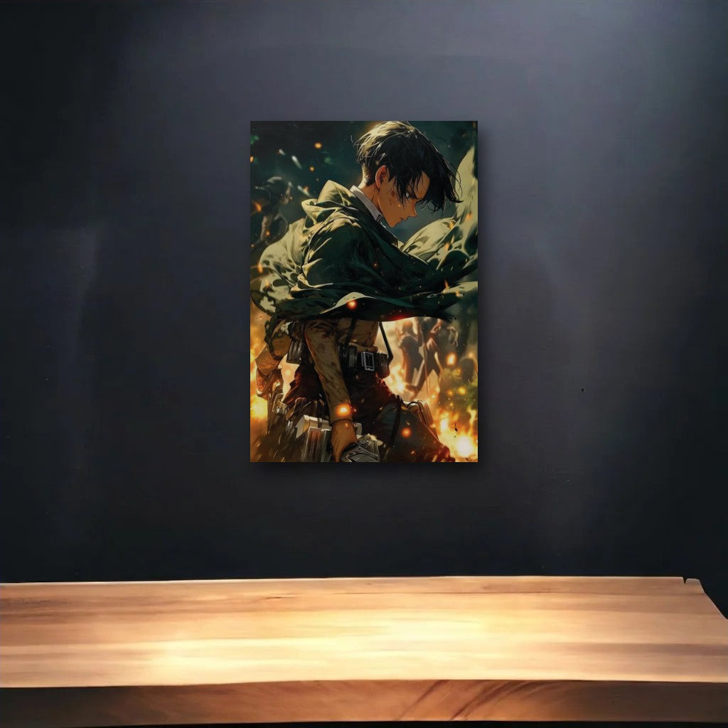 Anime Art glossy acrylic art above a wooden shelf