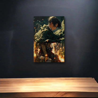 Anime Art glossy acrylic art above a wooden shelf