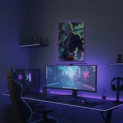 Anime Art acrylic wall art in a purple gaming setup