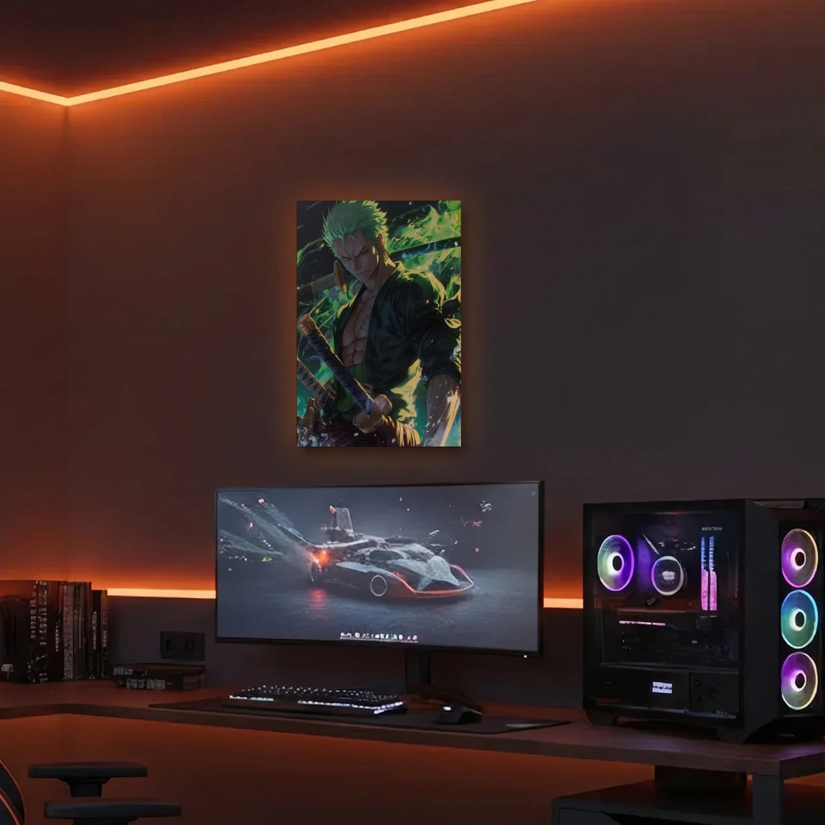 Anime Art acrylic wall art in an orange LED gaming room