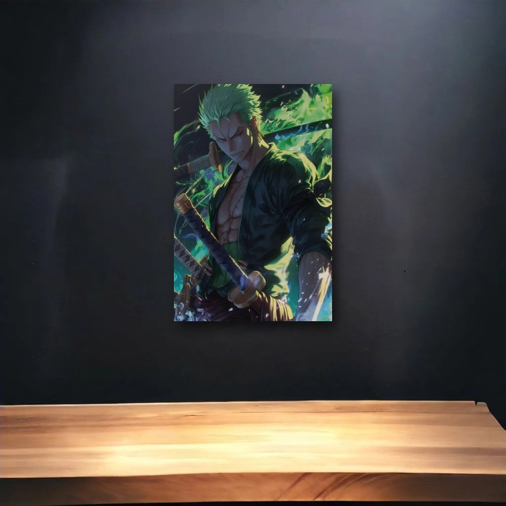 Anime Art glossy acrylic art above a wooden shelf