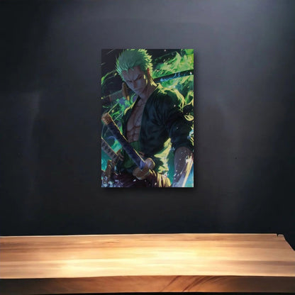 Anime Art glossy acrylic art above a wooden shelf