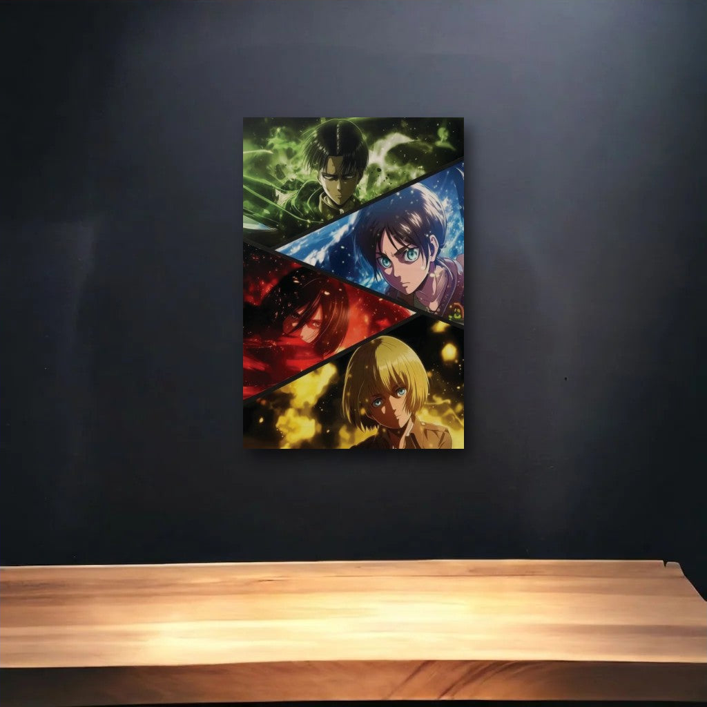 Anime Art glossy acrylic art above a wooden shelf