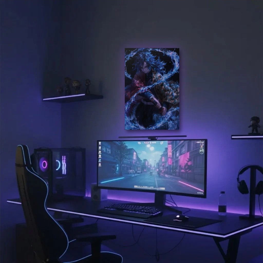 Anime Art acrylic wall art in a purple gaming setup