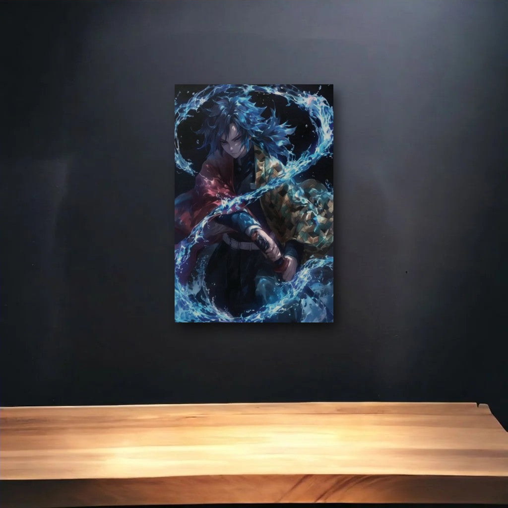 Anime Art glossy acrylic art above a wooden shelf