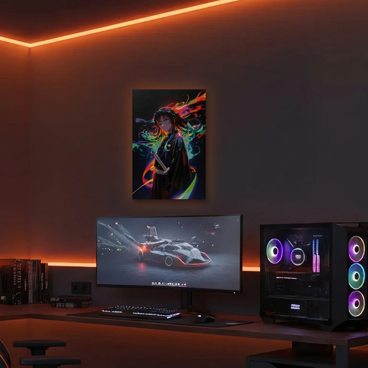 Anime Art acrylic wall art in an orange LED gaming room