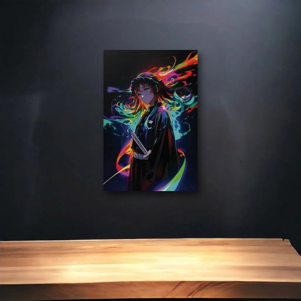 Anime Art glossy acrylic art above a wooden shelf