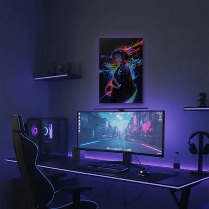 Anime Art acrylic wall art in a purple gaming setup