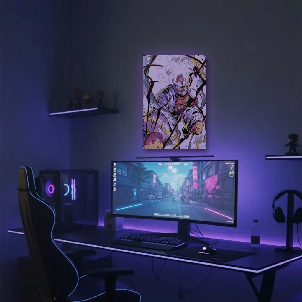 Anime Art acrylic wall art in a purple gaming setup