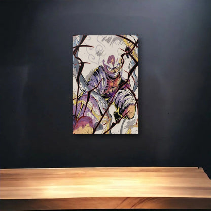 Anime Art glossy acrylic art above a wooden shelf