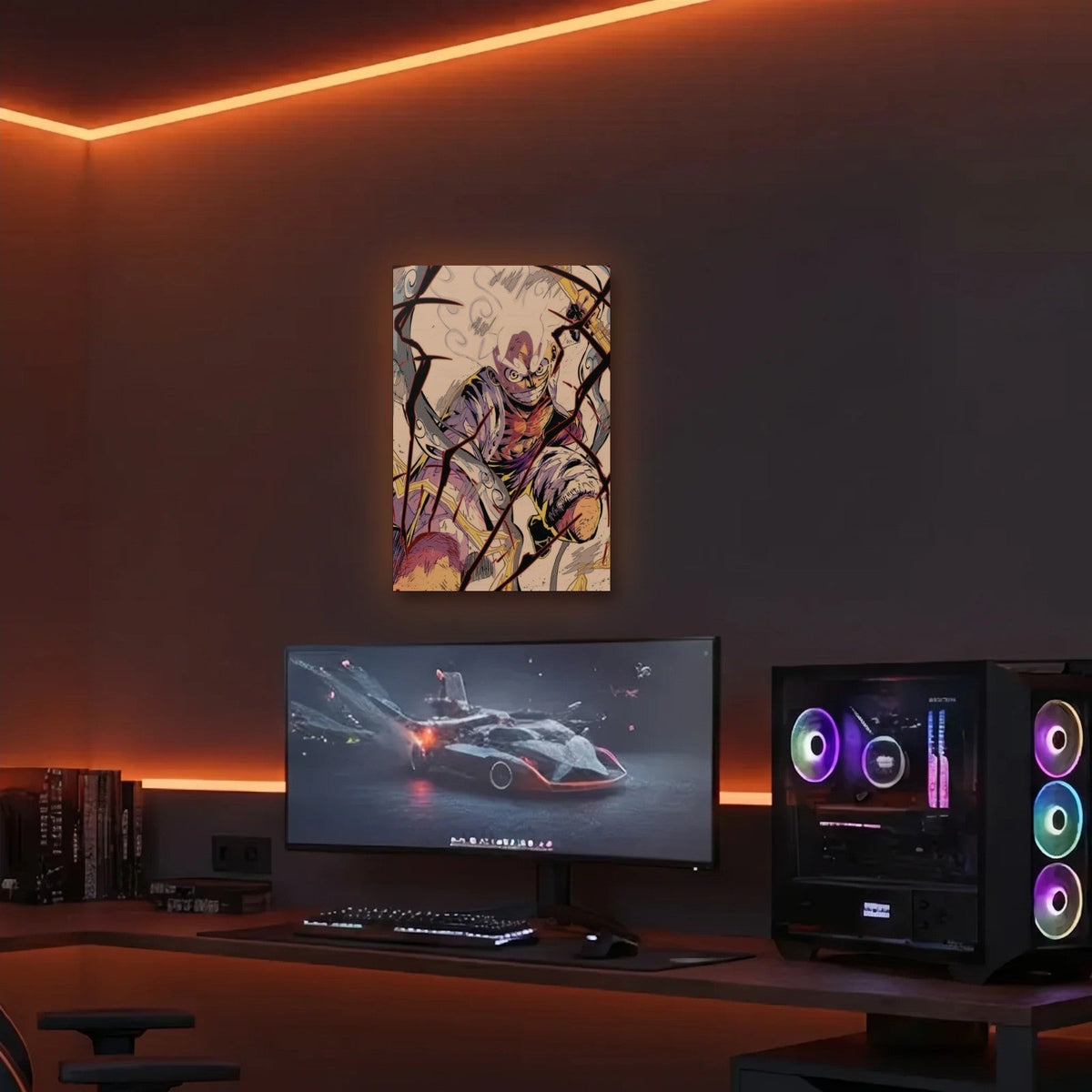 Anime Art acrylic wall art in an orange LED gaming room