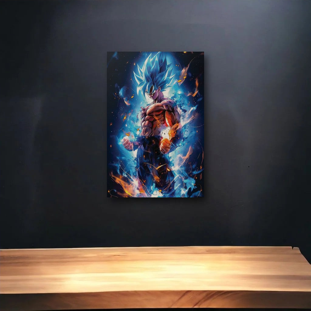 Anime Art glossy acrylic art above a wooden shelf