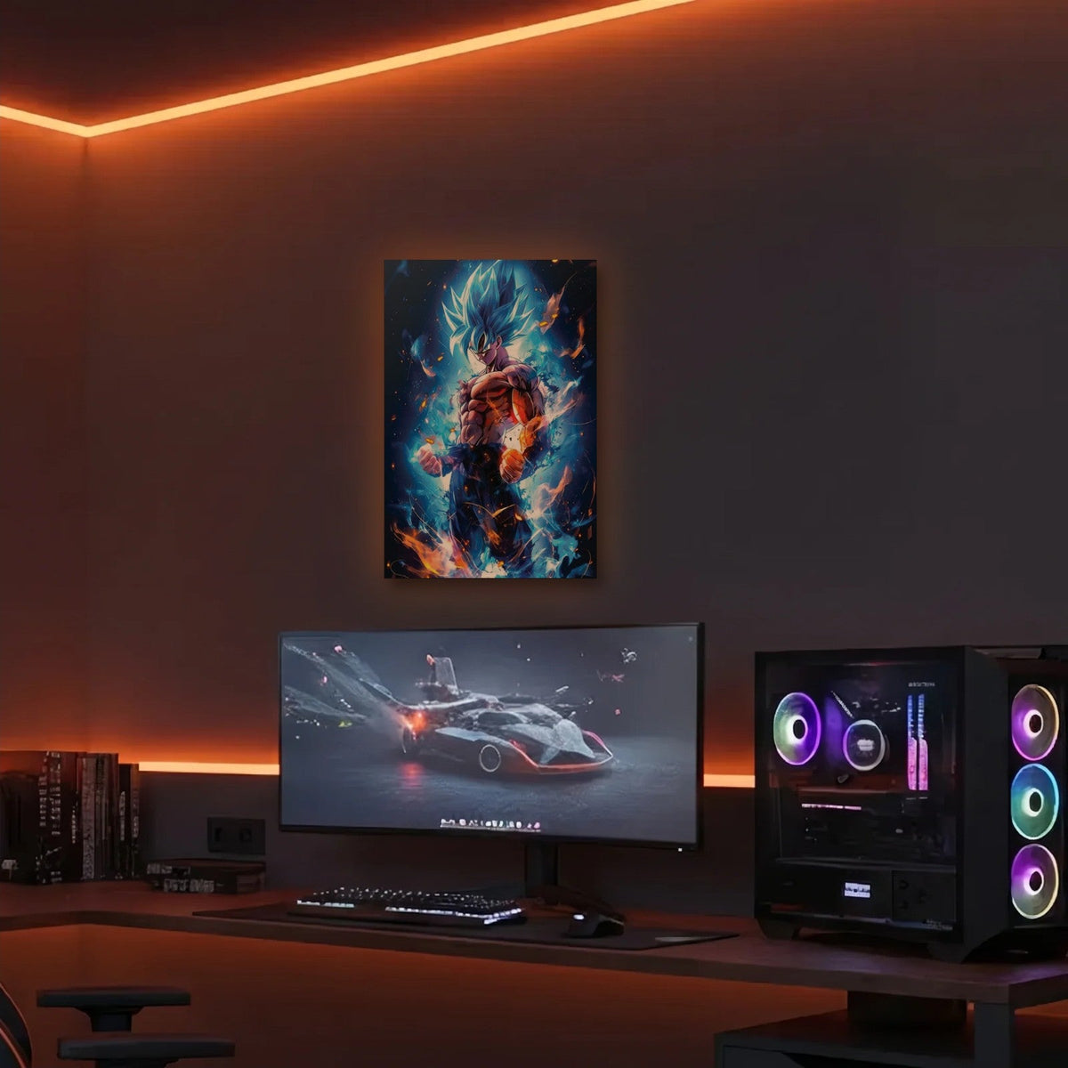 Anime Art acrylic wall art in an orange LED gaming room