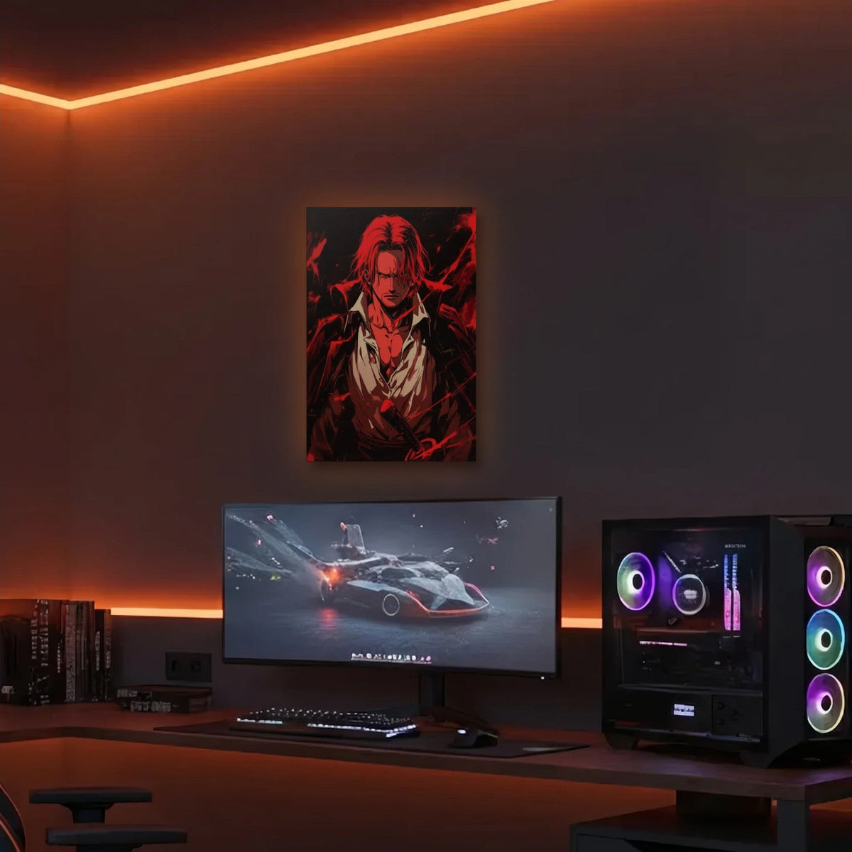 Anime Art acrylic wall art in an orange LED gaming room