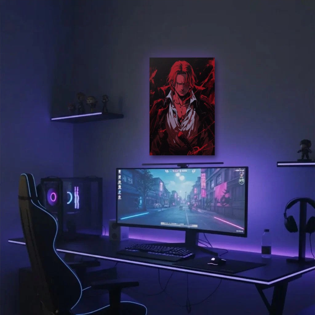 Anime Art acrylic wall art in a purple gaming setup
