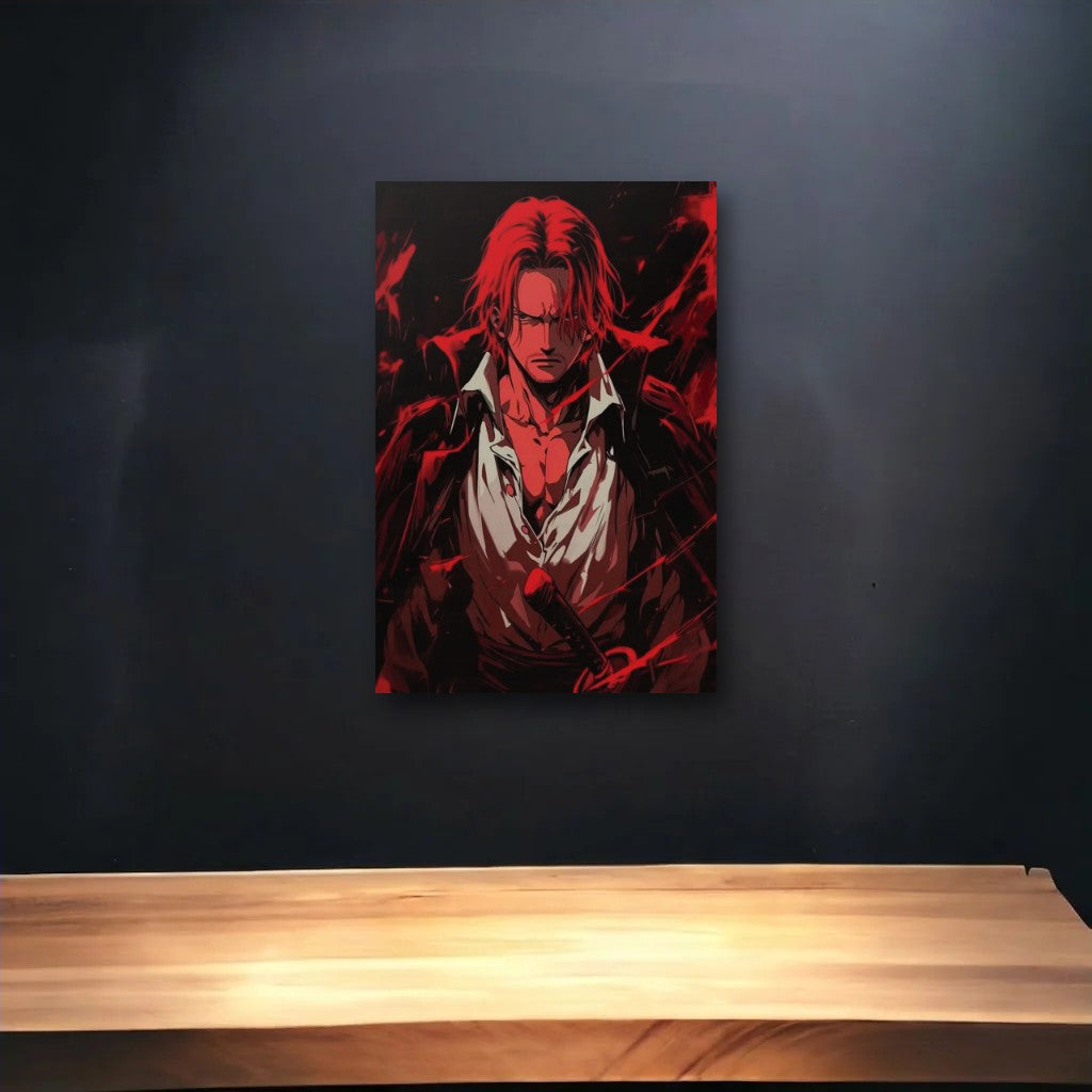 Anime Art glossy acrylic art above a wooden shelf