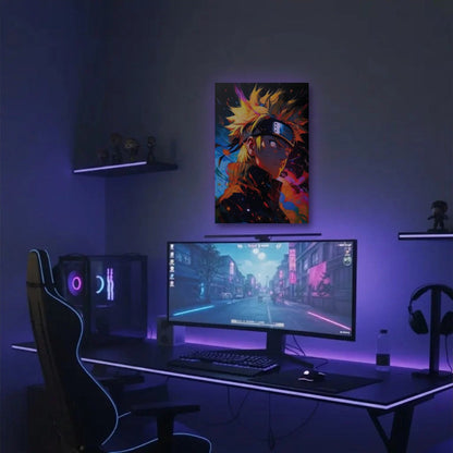 Anime Art acrylic wall art in a purple gaming setup