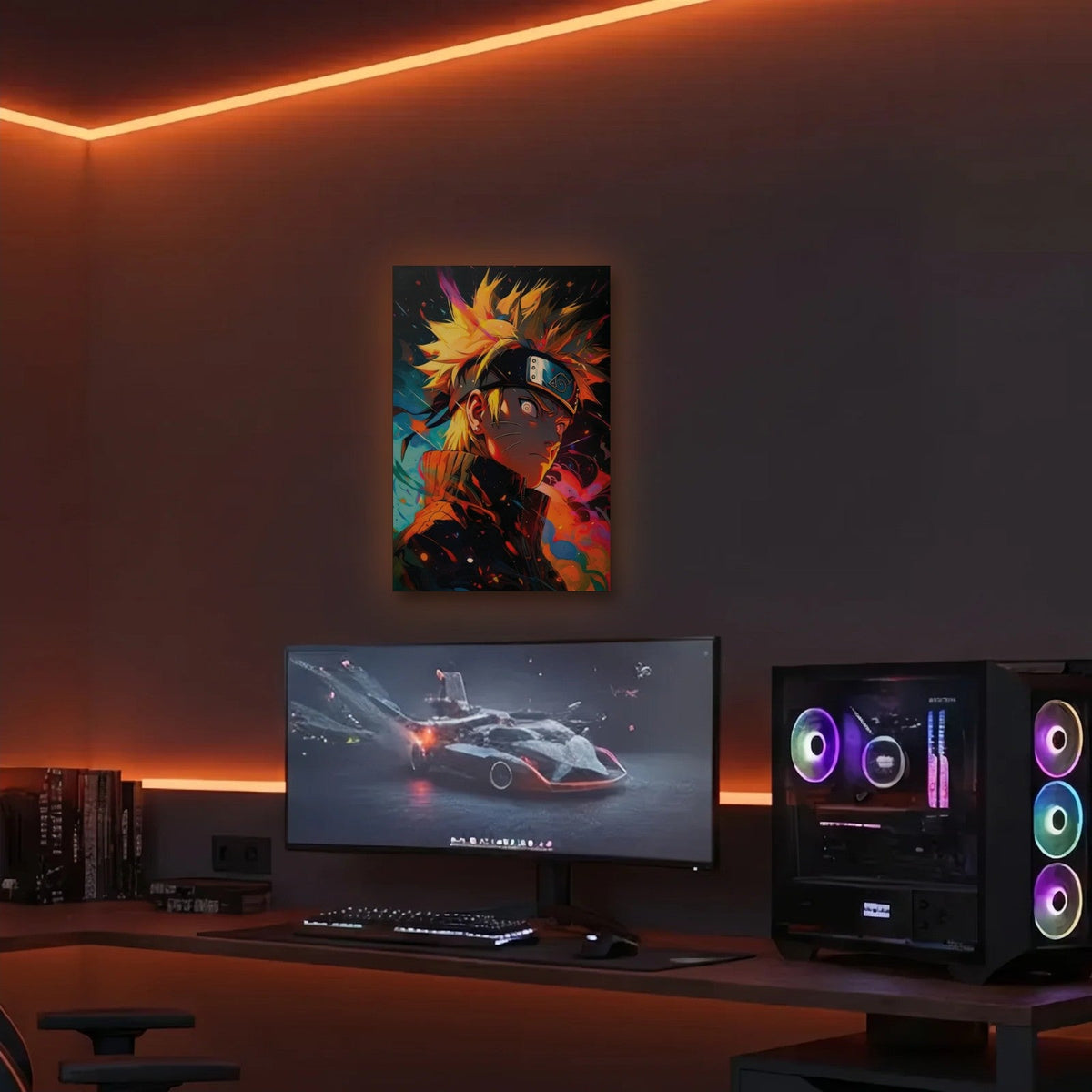 Anime Art acrylic wall art in an orange LED gaming room