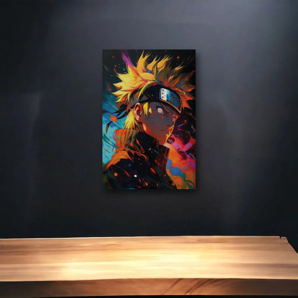Anime Art glossy acrylic art above a wooden shelf