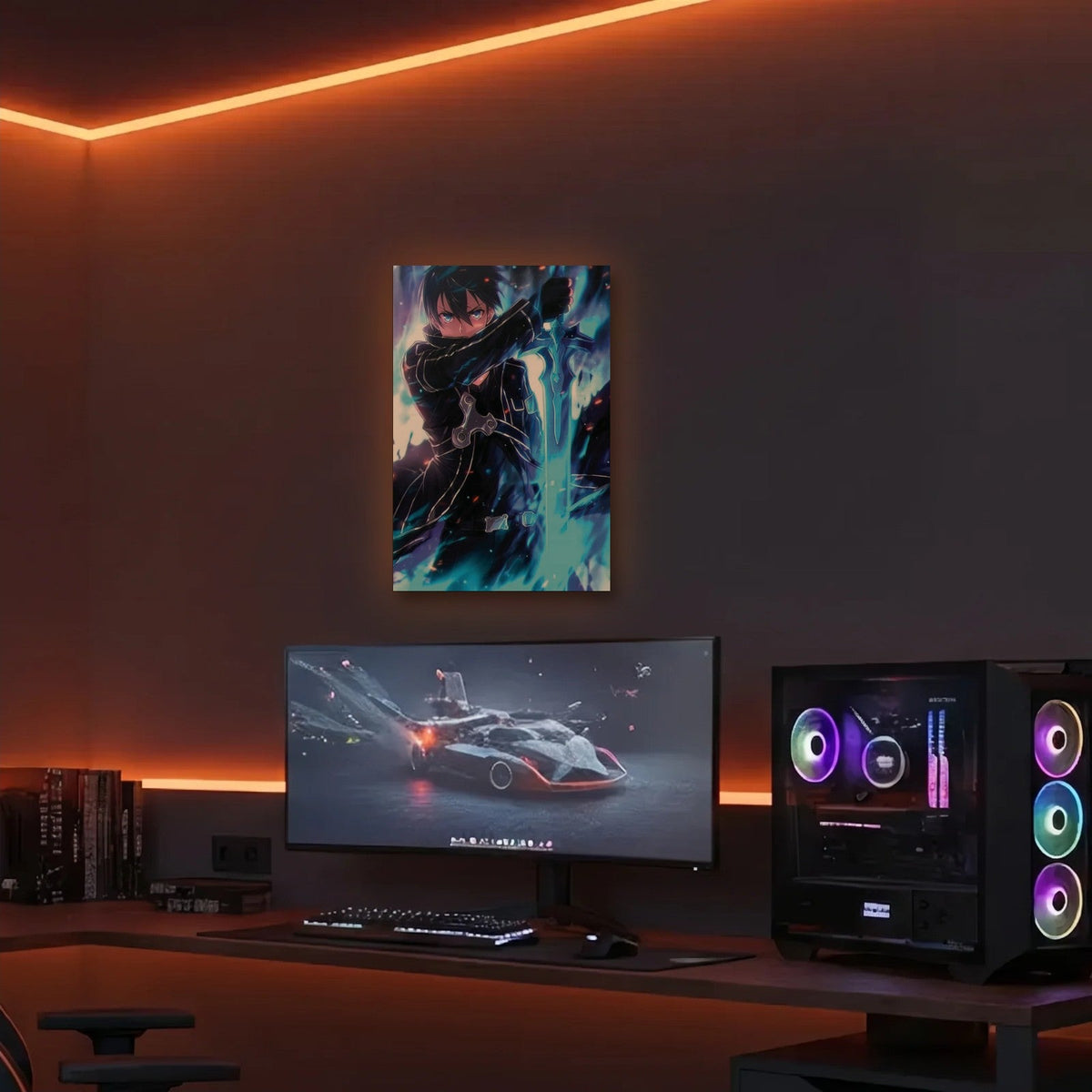 Anime Art acrylic wall art in an orange LED gaming room