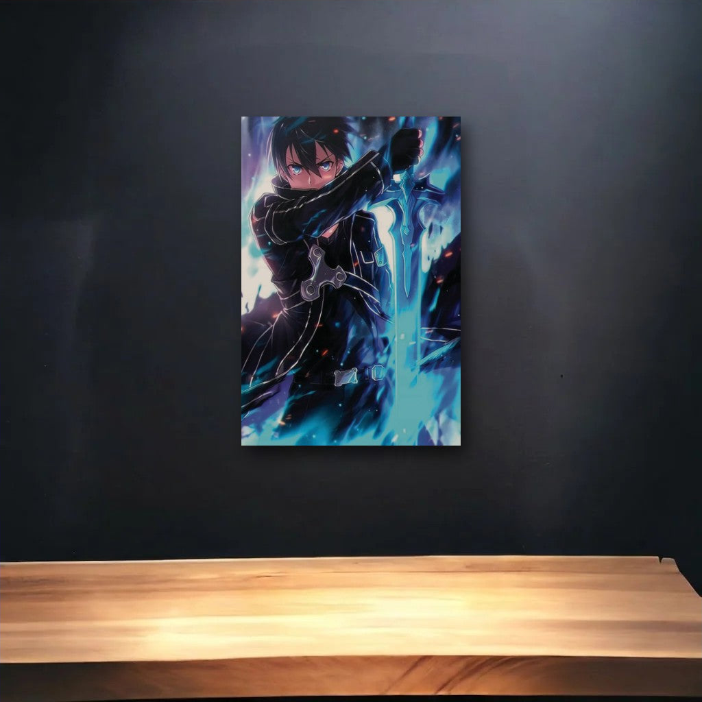 Anime Art glossy acrylic art above a wooden shelf
