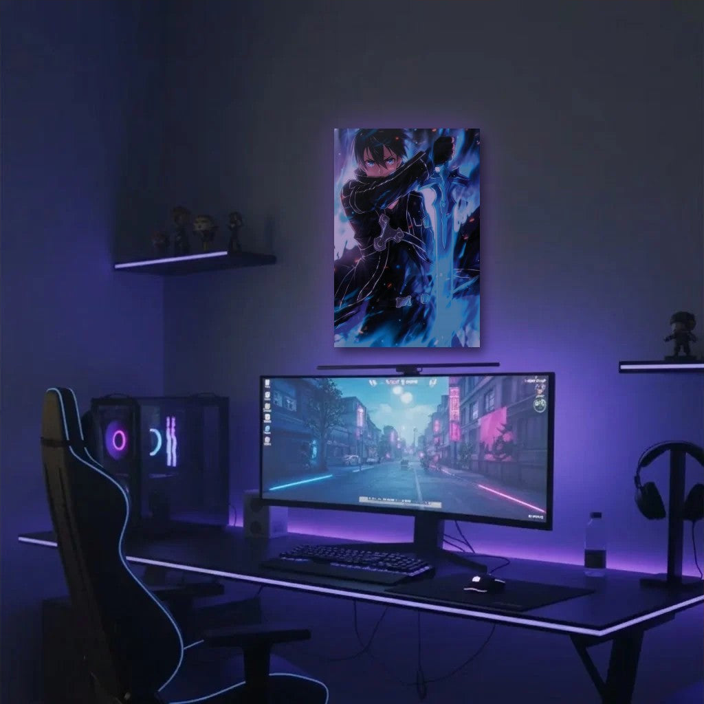Anime Art acrylic wall art in a purple gaming setup