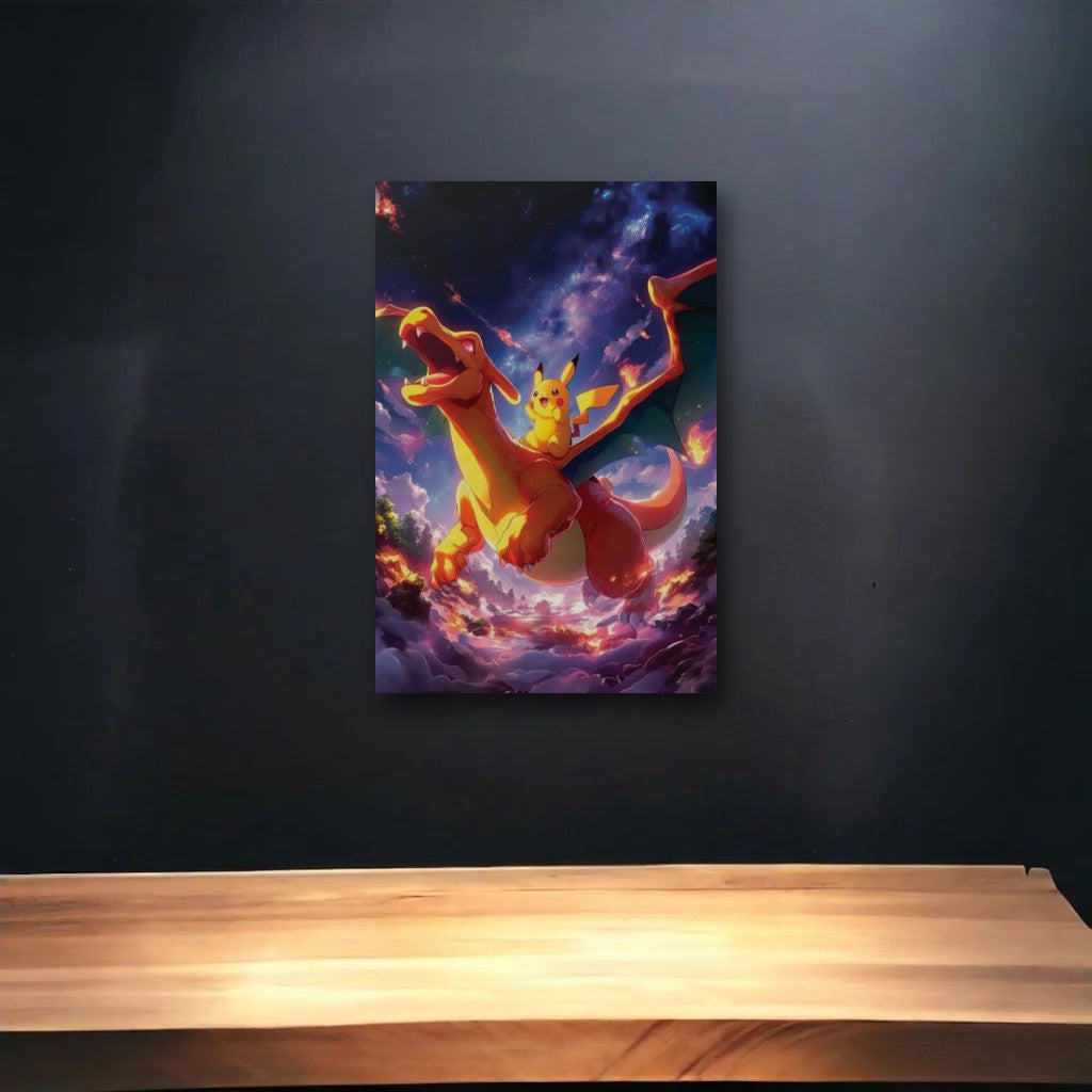 Anime Art glossy acrylic art above a wooden shelf