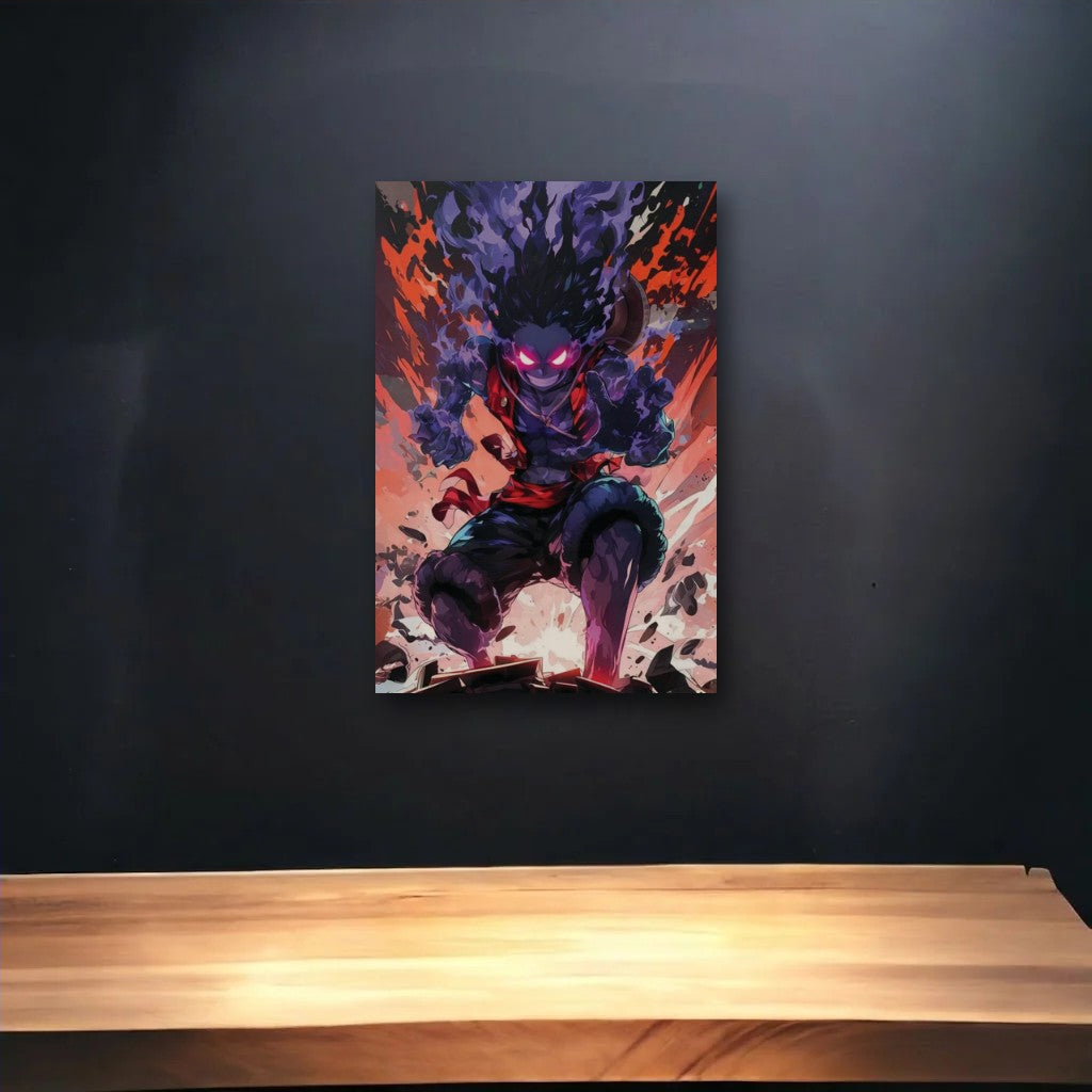 Anime Art glossy acrylic art above a wooden shelf