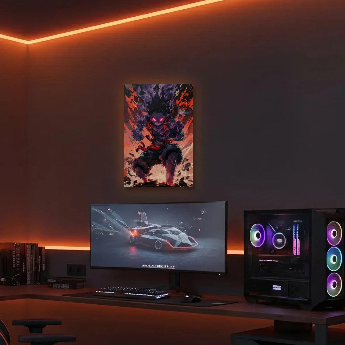 Anime Art acrylic wall art in an orange LED gaming room