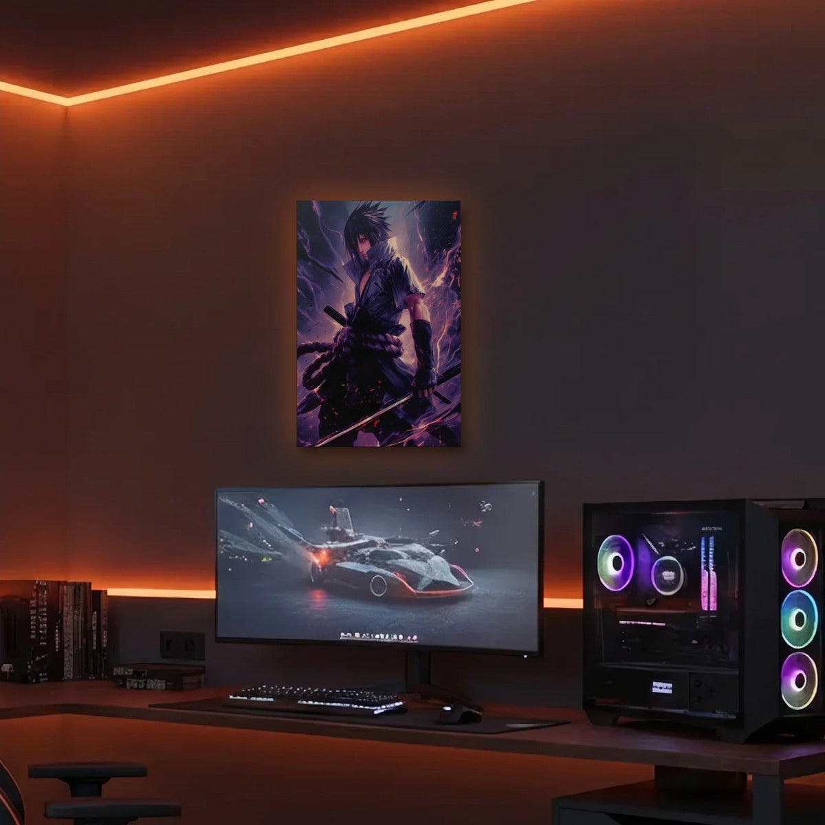 Anime Art acrylic wall art in an orange LED gaming room
