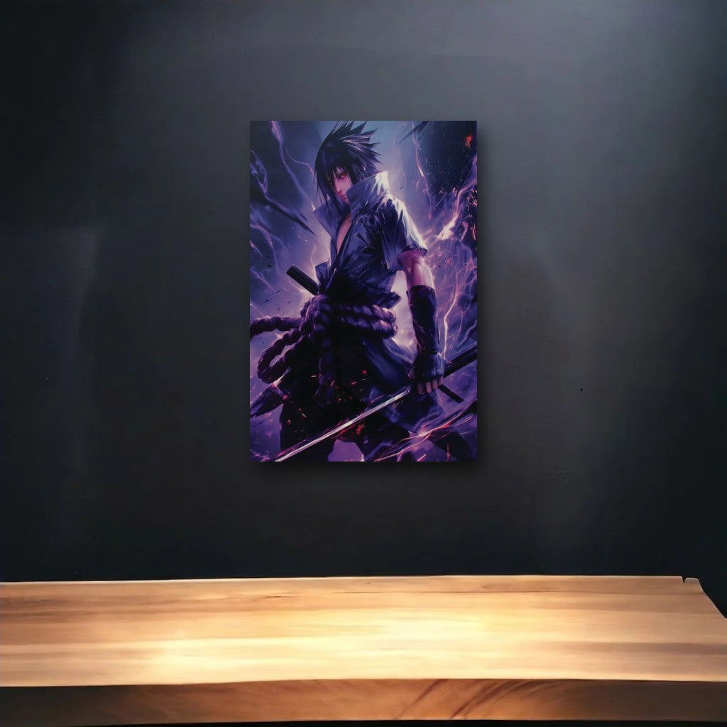 Anime Art glossy acrylic art above a wooden shelf