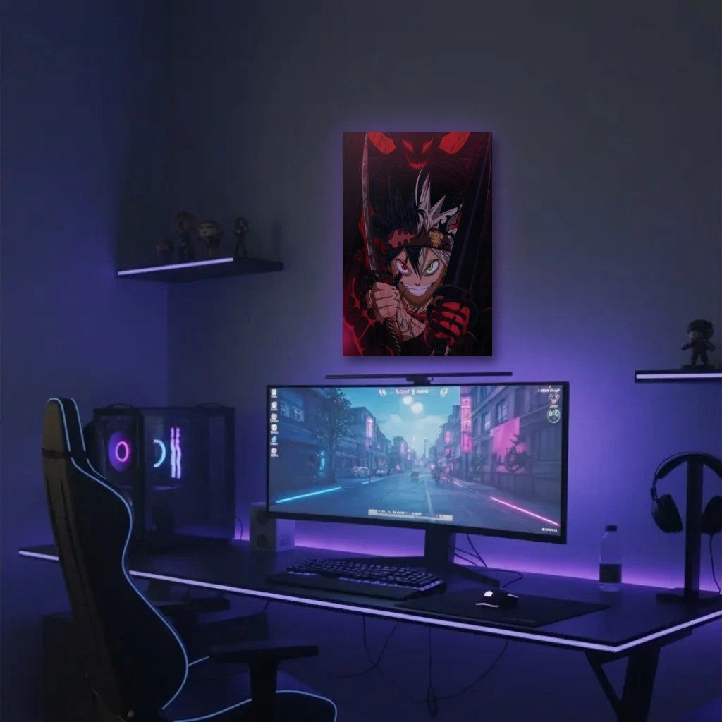 Anime Art acrylic wall art in a purple gaming setup