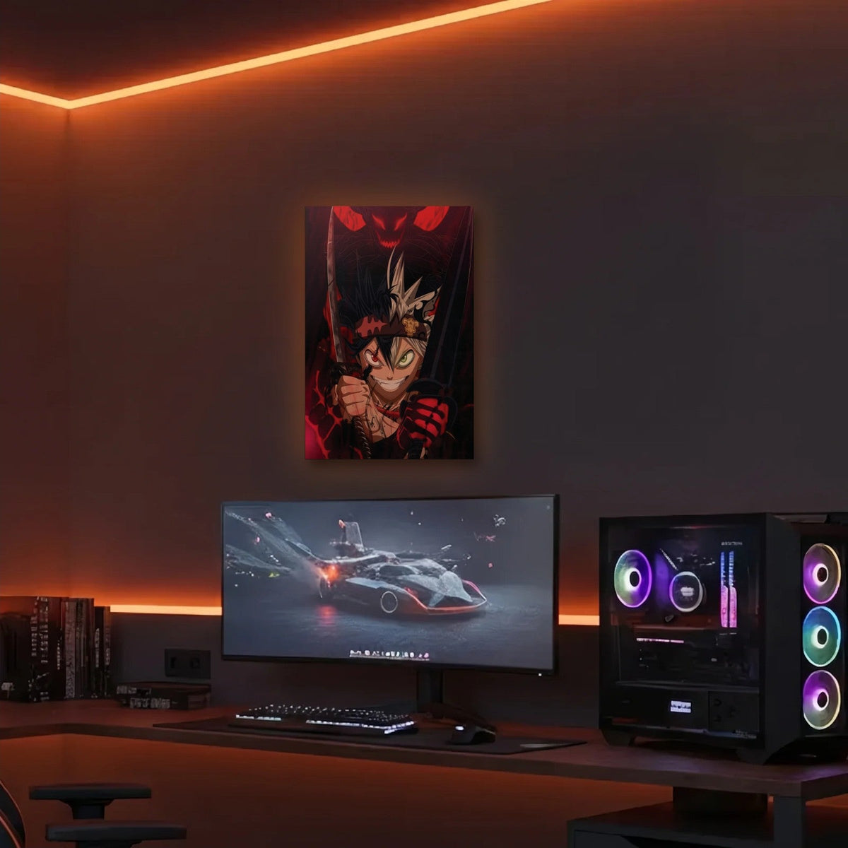 Anime Art acrylic wall art in an orange LED gaming room